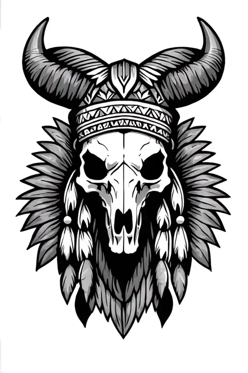 Native American skull and bull skull totem pole on top of each other tattoo design idea