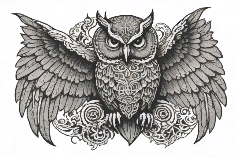owl, egyptian god, wings spread, skull tattoo design idea