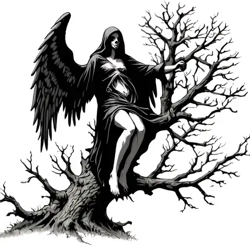 grimreaper in a tree. graveyard angel swinging on a tree tattoo design idea