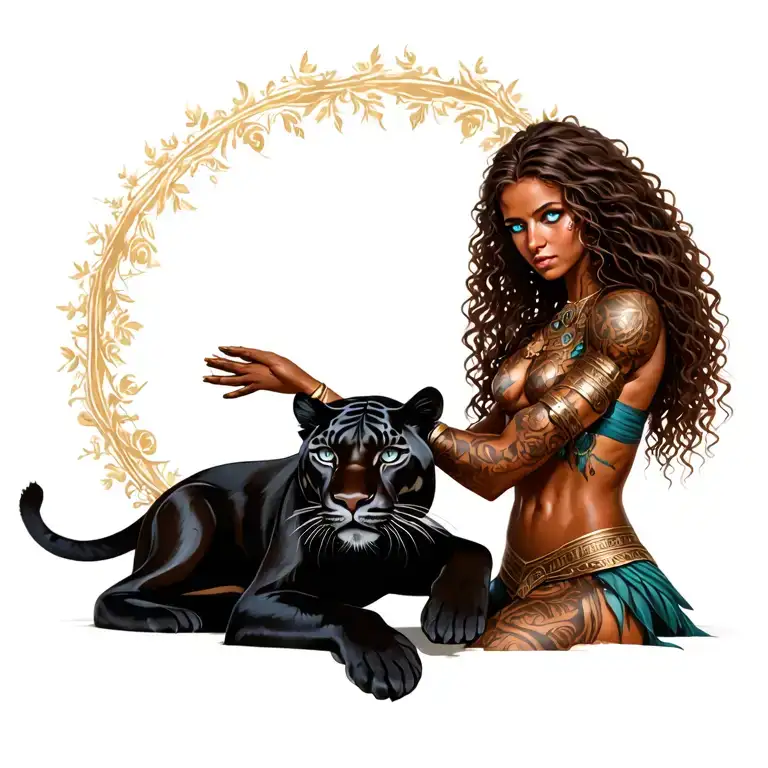 female warrior with long brown curly hair, brown skin and blue eyes petting a black panther like it is her spirit guide tattoo design idea