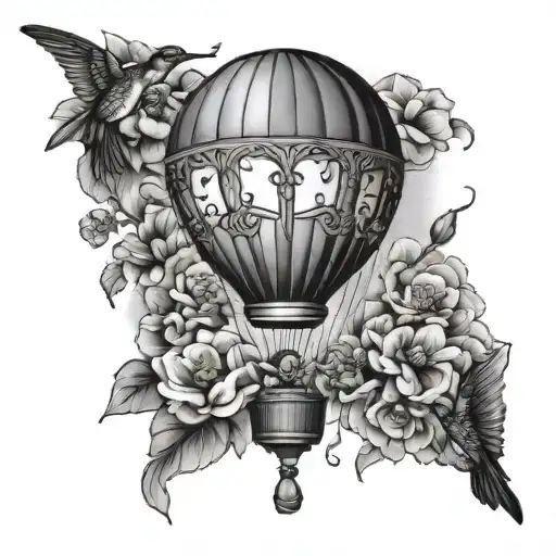 hot air balloon with hummingbirds and flowers surrounding tattoo design idea