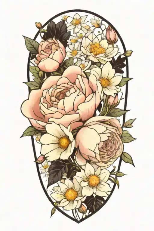 rose, daisy, peony, cosmos flower bouquet tattoo design idea