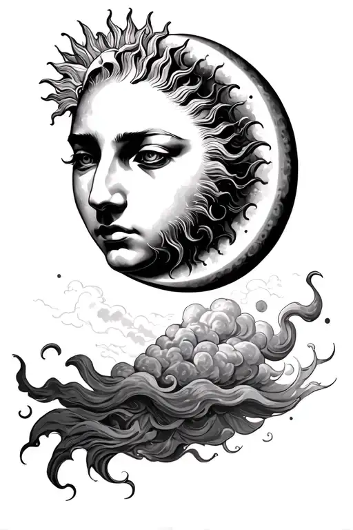 sun and the moon in the form of close human faces, the sun with wavy rays and the moon surrounded by clouds tattoo design idea