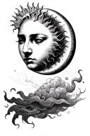 sun and the moon in the form of close human faces, the sun with wavy rays and the moon surrounded by clouds tattoo design idea