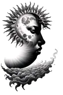 sun and the moon in the form of close human faces, the sun with wavy rays and the moon surrounded by clouds tattoo design idea