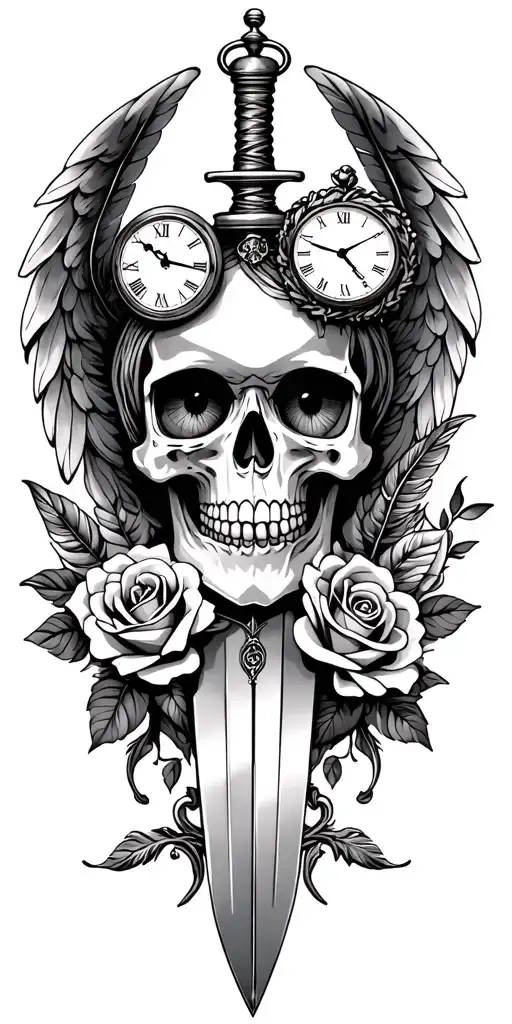 "Liz Maxwell Gabriel Amber" skull, roses, angel, sword, feather, pocket watch, all seeing eye, hour glass tattoo design idea