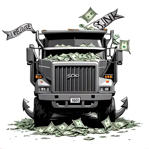 super ten dump truck spilling money dragging an anchor with a banner  saying i refuse to sink  tattoo design idea