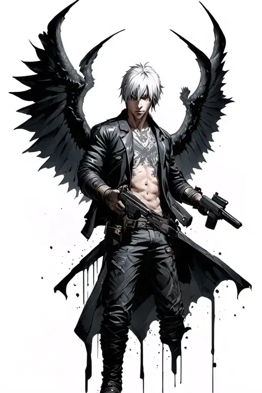 Dante from devil may cry 3 holding guns with his devil trigger wings from devil may cry 5 behind him tattoo design idea