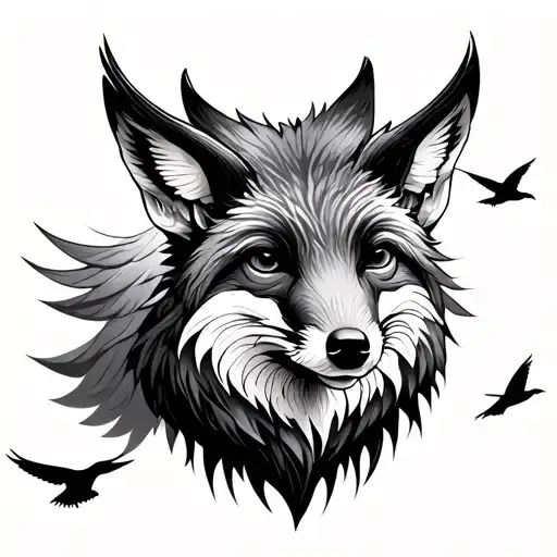 elk fox birds flying tattoo design idea
