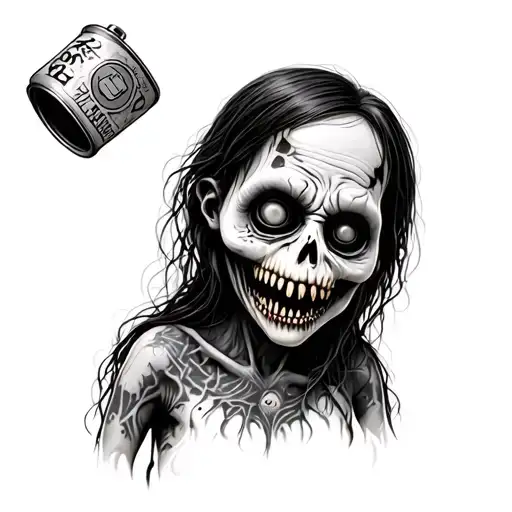 scary zombie doll with spay can tattoo design idea