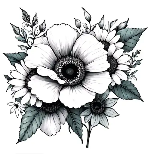 Poppy, hibiscus,sunflower, eucalyptus, daisy, sweet pea sleeve tattoo design idea