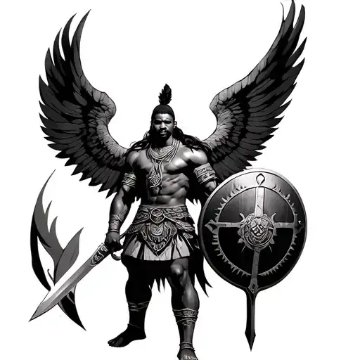 winged African warrior standing guard holding sword and shield tattoo design idea