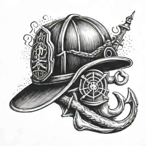 A dotwork tattoo of a firefighter's helmet with a musical note and anchor, representing your dedication to both firefighting and the navy tattoo design idea