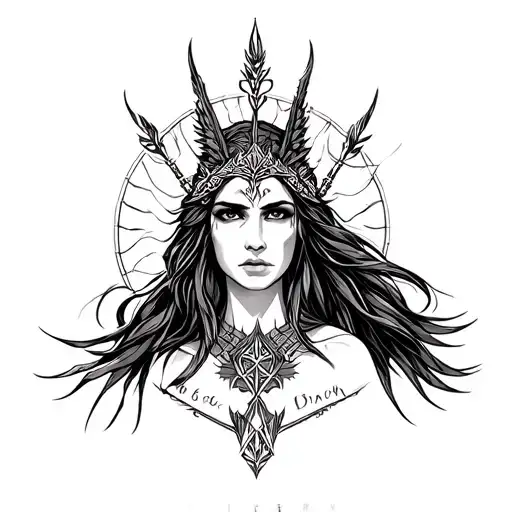 Freya nordic goddess surrounded tattoo design idea