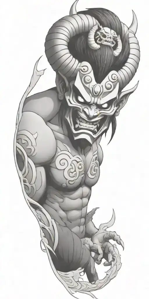 male anime character  oni mask fighting off inner demons  tattoo design idea