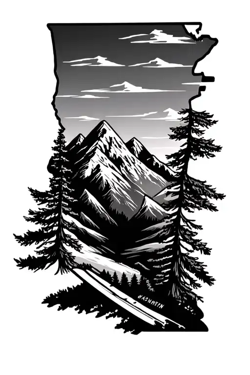 skis, mountain, Washington state outline tattoo design idea