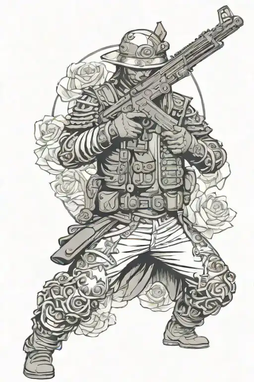 Russian machine gun, roses, mountains, Ronin samurai warrior holding tattoo design idea