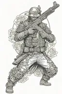 Russian machine gun, roses, mountains, Ronin samurai warrior holding tattoo design idea