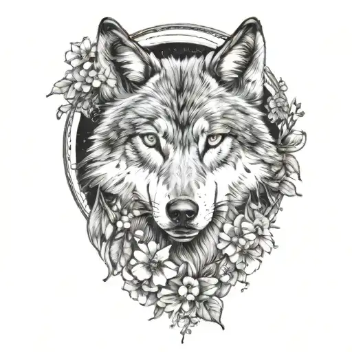 wolf face surrounded by moon and flowers tattoo design idea