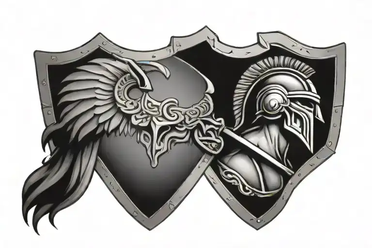 Spartan with a shield, the shield depicts a ram's head tattoo design idea