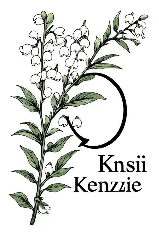 Lily of the valley and thorn shrub hawthorn flower with a gemini symbol and the name kenzie tattoo design idea