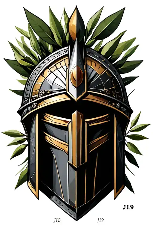 Warrior helmet and olives leaves growing with J1:9 small text at the lowe part tattoo design idea