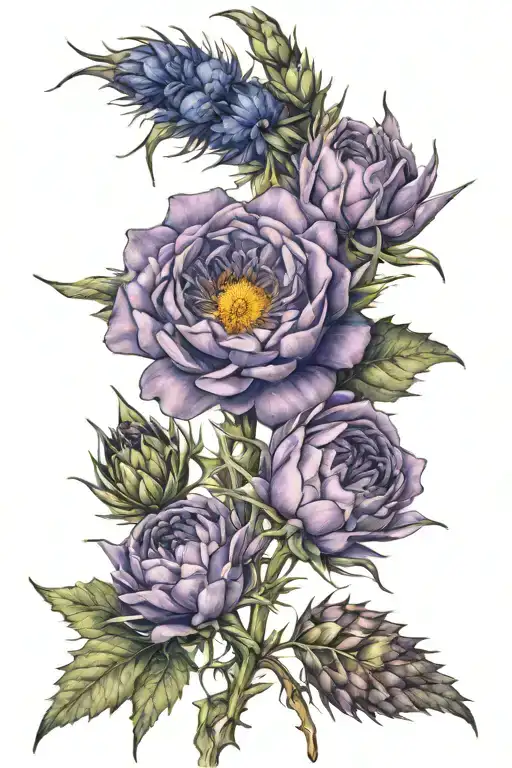 purple lavendar, english rose, blue cornflower, thistle, daisy tattoo design idea