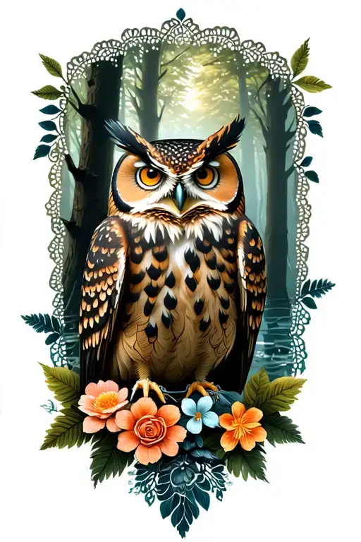 floral lace with owl in forest scene  tattoo design idea