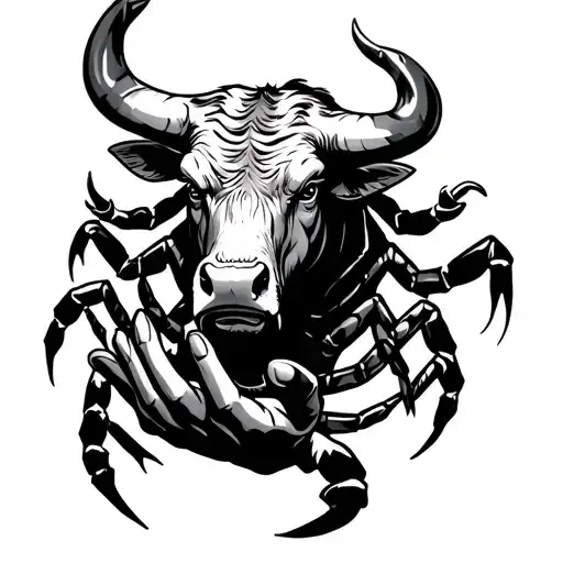 strong and powerful bull with nose ring holding scorpion in his hands  tattoo design idea