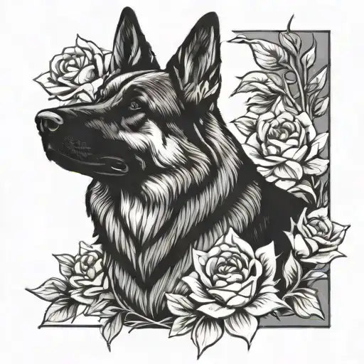German Shepard surrounded by roses and sunflowers  tattoo design idea