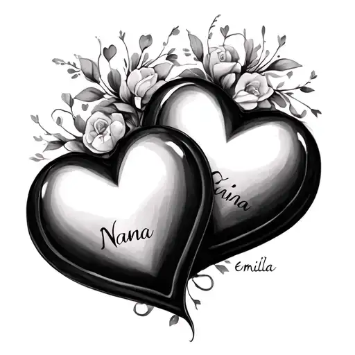 two intertwined love hearts with Nana in one and Emilia in the other tattoo design idea