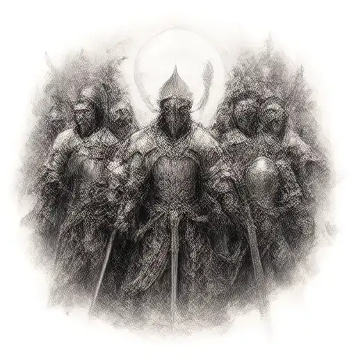 psalms 23:4 with 5 Crusader knights surround designs that compliment tattoo design idea