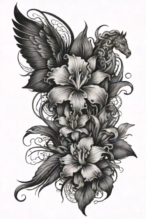 elements that remind me of my dead mother (iris flower, horses, my guardian angel, mysticism), Polynesian, dark forest w tattoo design idea