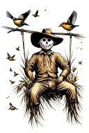 Scarecrow hanging in a wheat field. Small Sparrows fly in the sky behind him.  tattoo design idea