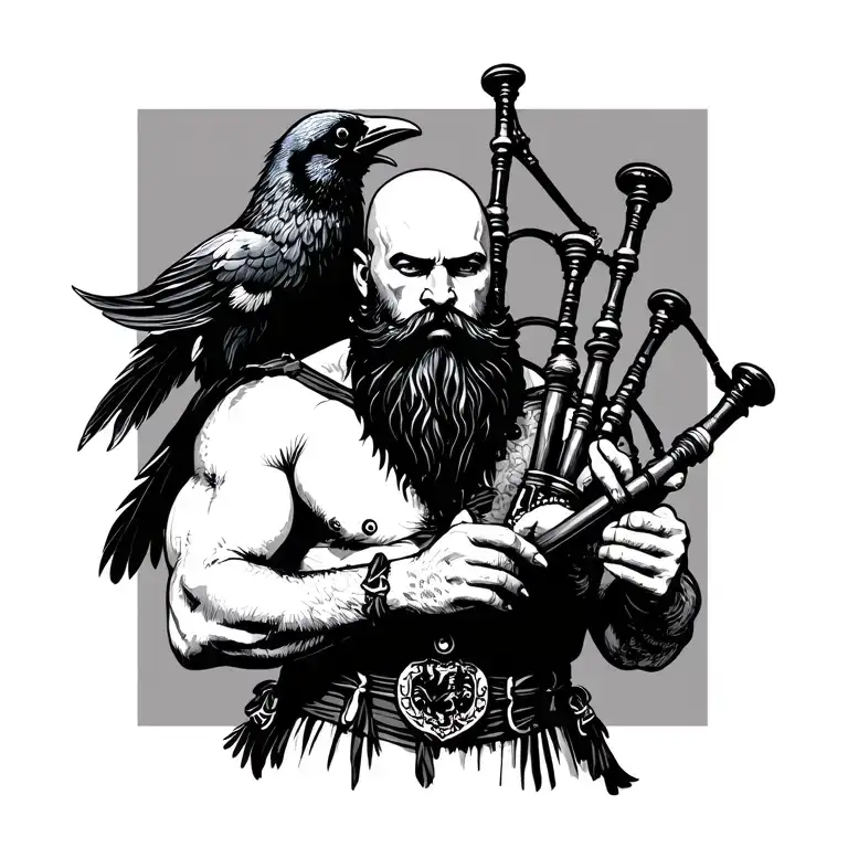 bald bagpiper with black beard with crow featherd muscular body with a mans head and hands playing blackbagpipes tattoo design idea