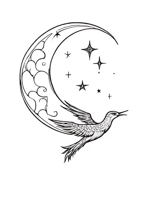 Phoenix And moon and stars tattoo design idea