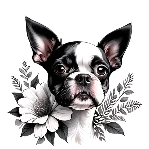 I need a tattoo design of flowers inspired by dog breeds. First dog is toy poodle, mix, Boston terrier and Maltese tattoo design idea
