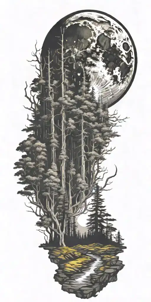 massive forest landscape with huge moon in the background  tattoo design idea