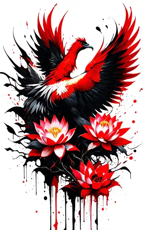 phoenix rising with lotus flowers intertwined tattoo design idea