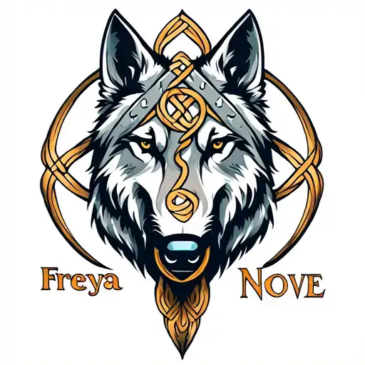father and daughter Irish knot symbol, mixed with Viking wolf head at the bottom, enduring love symbol with freya name tattoo design idea