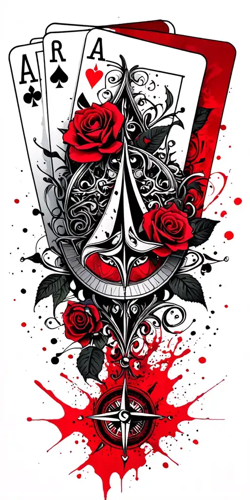 filigree design with playing cards, compass and roses tattoo design idea