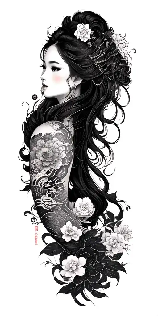 I want a tattoo sleeve for my right arm that is black line work, showcasing artwork with asian and chinese influence. tattoo design idea