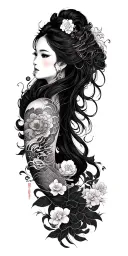 I want a tattoo sleeve for my right arm that is black line work, showcasing artwork with asian and chinese influence. tattoo design idea