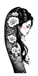 I want a tattoo sleeve for my right arm that is black line work, showcasing artwork with asian and chinese influence. tattoo design idea