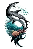 hammerhead shark circling above a coral reef and underwater waves, full shoulder & wrapping around to chest tattoo design idea