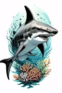 hammerhead shark circling above a coral reef and underwater waves, full shoulder & wrapping around to chest tattoo design idea