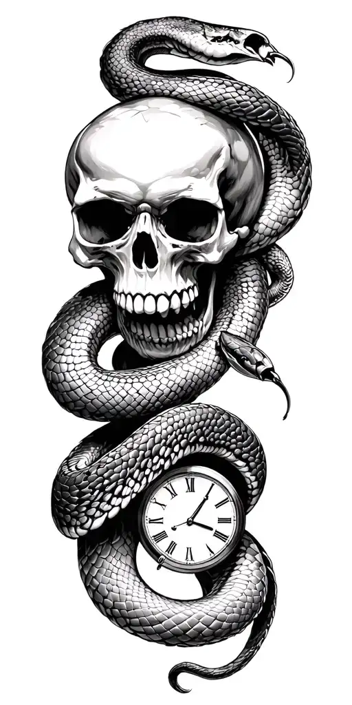 skull and snake and clock and keltik tattoo design idea