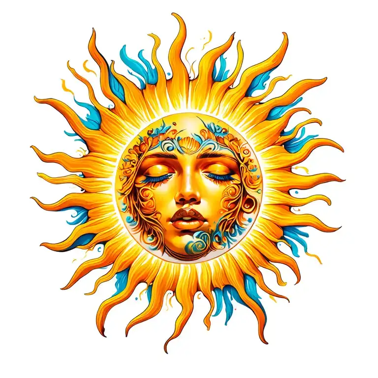 on a foot sun with a face that goes up the calf with beautiful designs  tattoo design idea