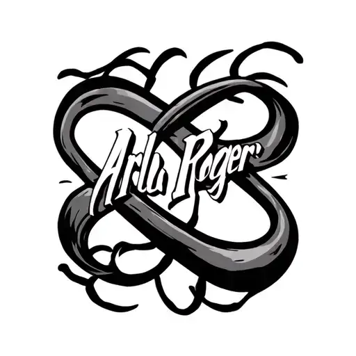black and white script of the name Arlo Roger with a infinity symbol incorporated tattoo design idea