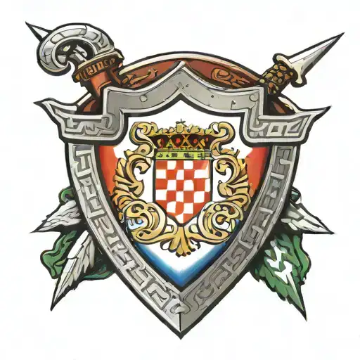 a large johnston clan shield with two shields below. one is the croatian flag the other a celtic shield.  tattoo design idea
